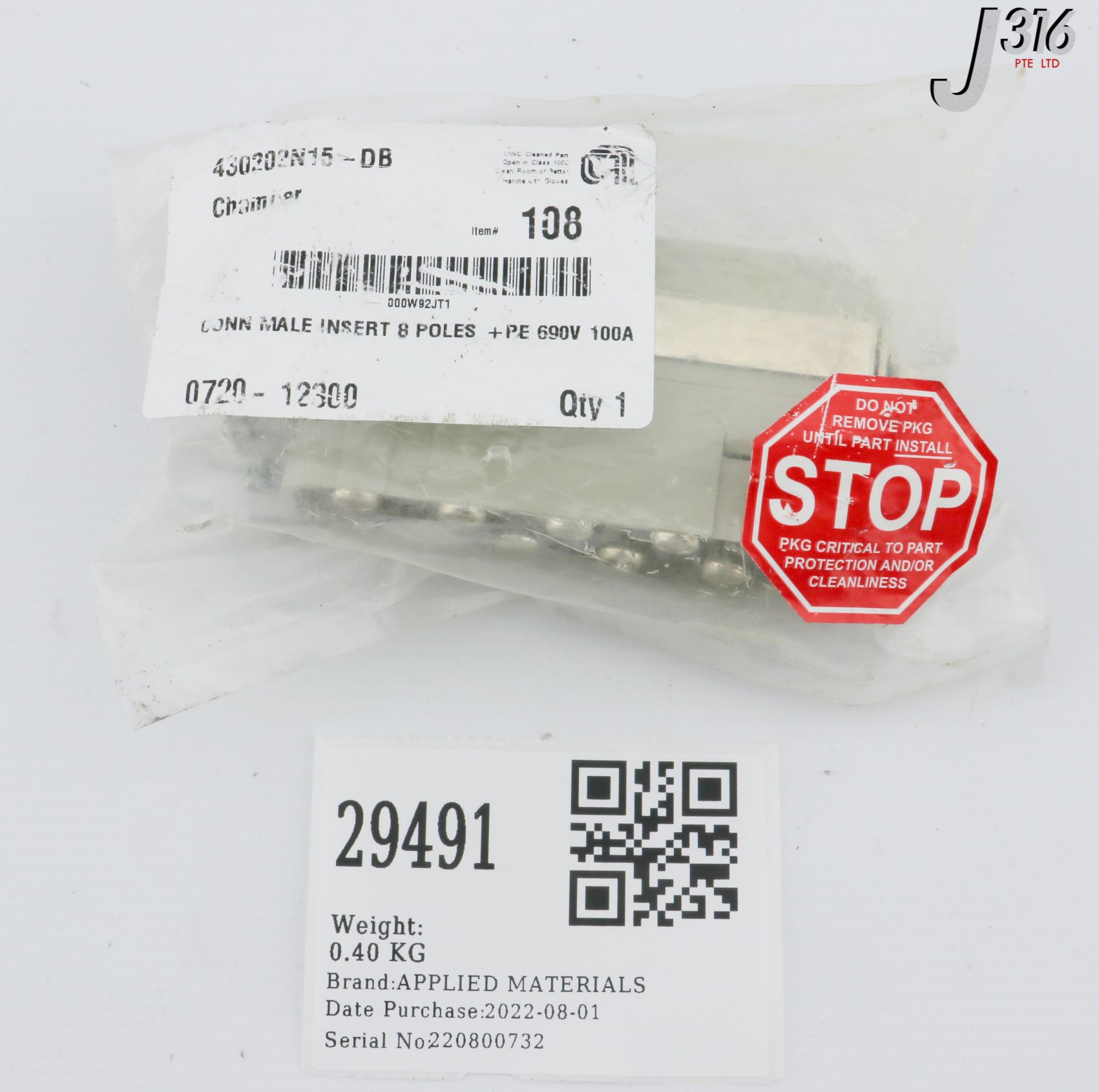 と 29491 APPLIED MATERIALS CHMBR, CONN MALE INS 8 POLES + PE 690V